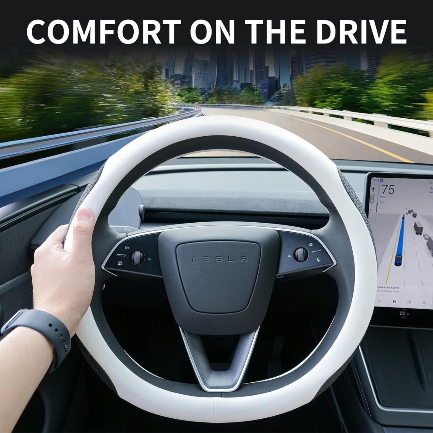 Tesstudio 2026 Non-Slip Breathable Nappa Leather Steering Wheel Protector Cover for Tesla Model 3/Y