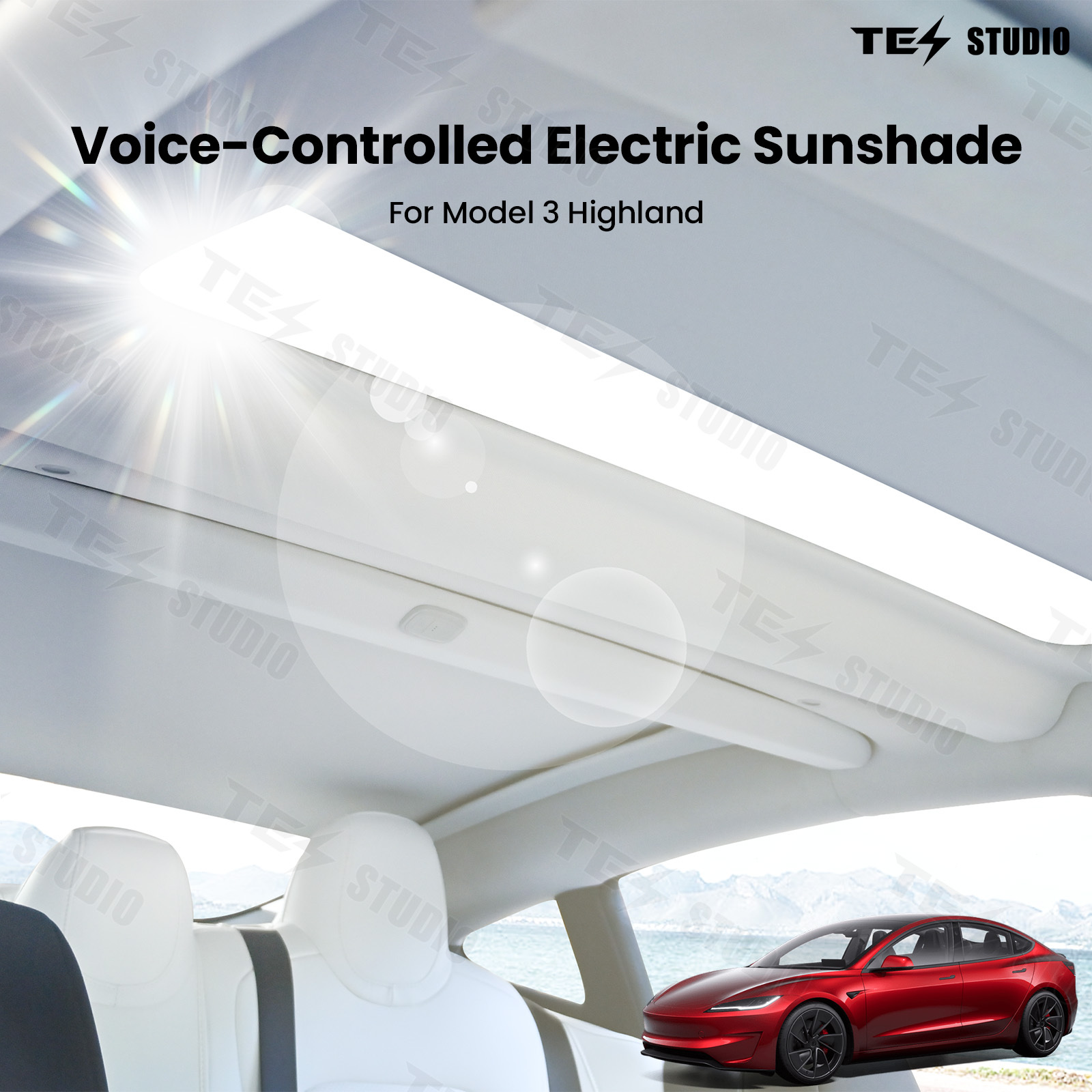 Model 3/Model 3 Highland Voice-Controlled Electric Sunshade(Fabric Roll Model B-Dual Switch)English Version (19.02+) Tesstudio®