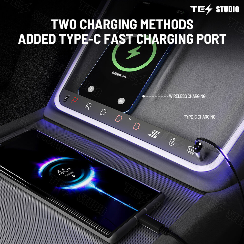 Tesstudio Model 3 Highland Center Console Wireless Charging Expansion Dock with Ambient Light
