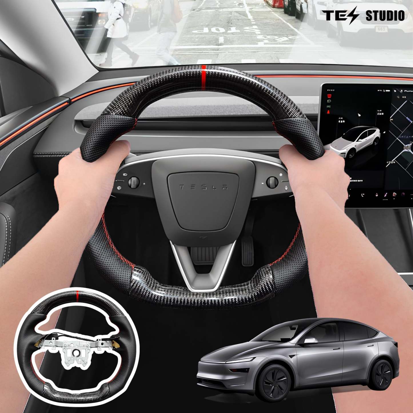 Tesla Model Y Juniper Steering Wheel Round Carbon Fiber Design Sport Styel Tesstudio?