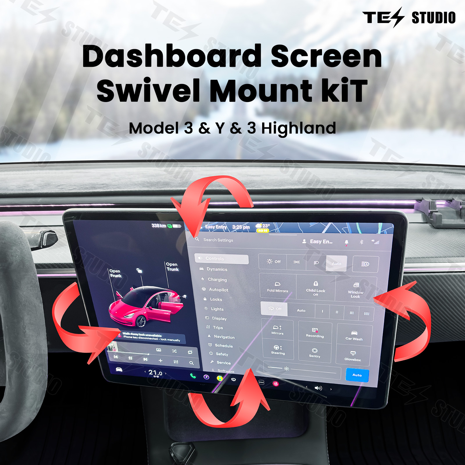 Tesla Model 3/Y/3 Highland Dashboard Swivel Mount Kit Center Screen Rotating Holder Tesstudio®