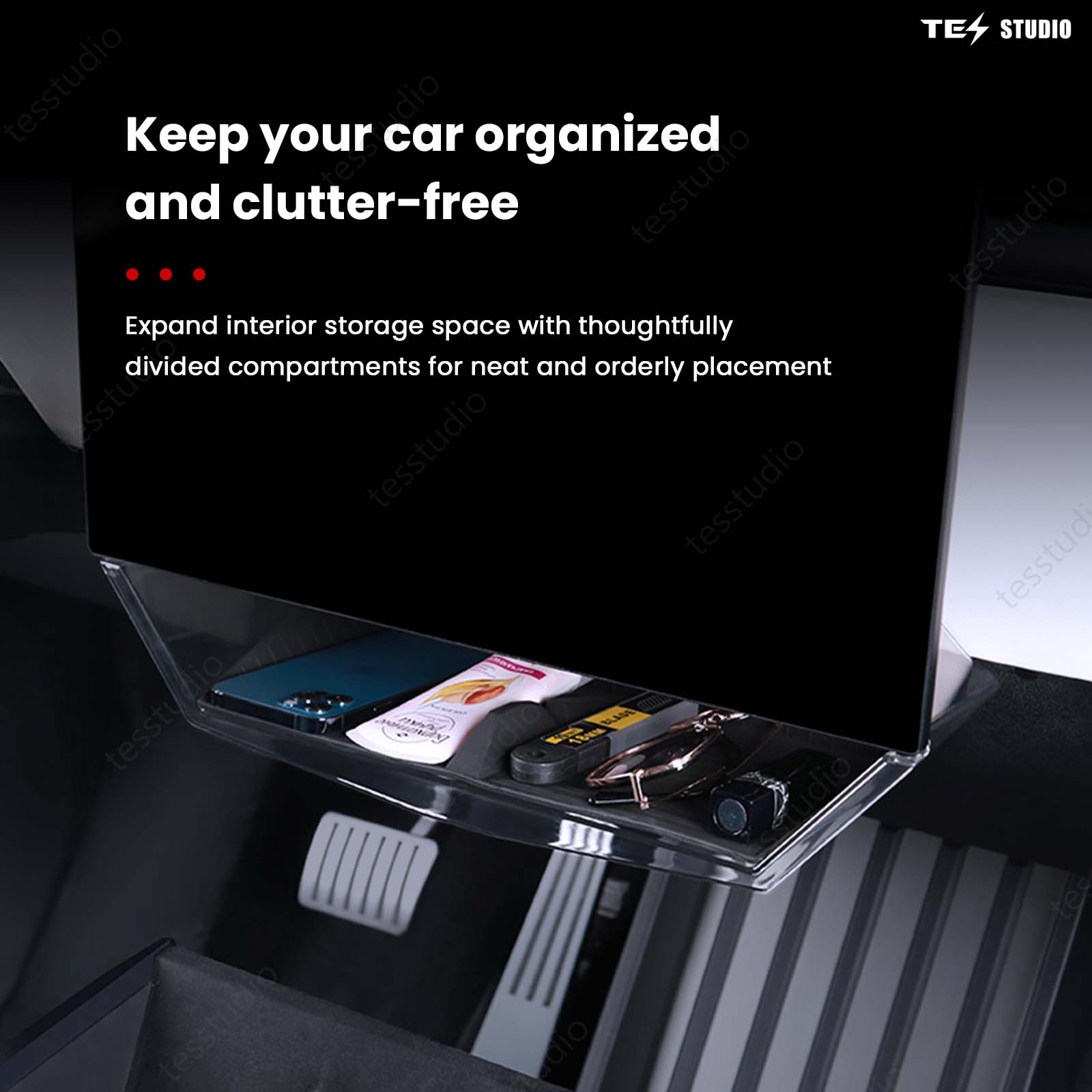 Tesla Cybertruck Interior Accessories Hideable Under Screen Storage Box with Center Console Organizer Tray Tesstudio®