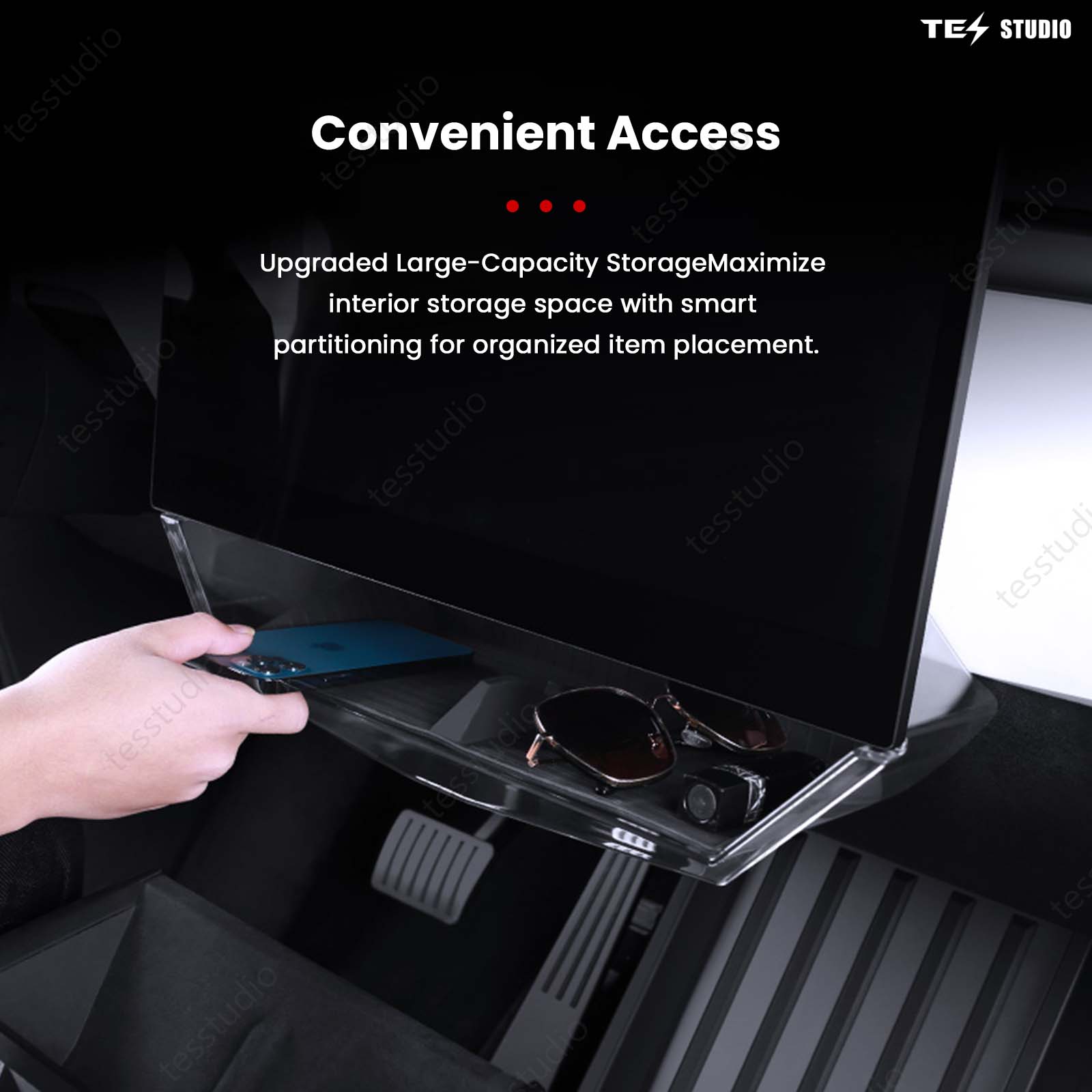 Tesla Cybertruck Interior Accessories Hideable Under Screen Storage Box with Center Console Organizer Tray Tesstudio®