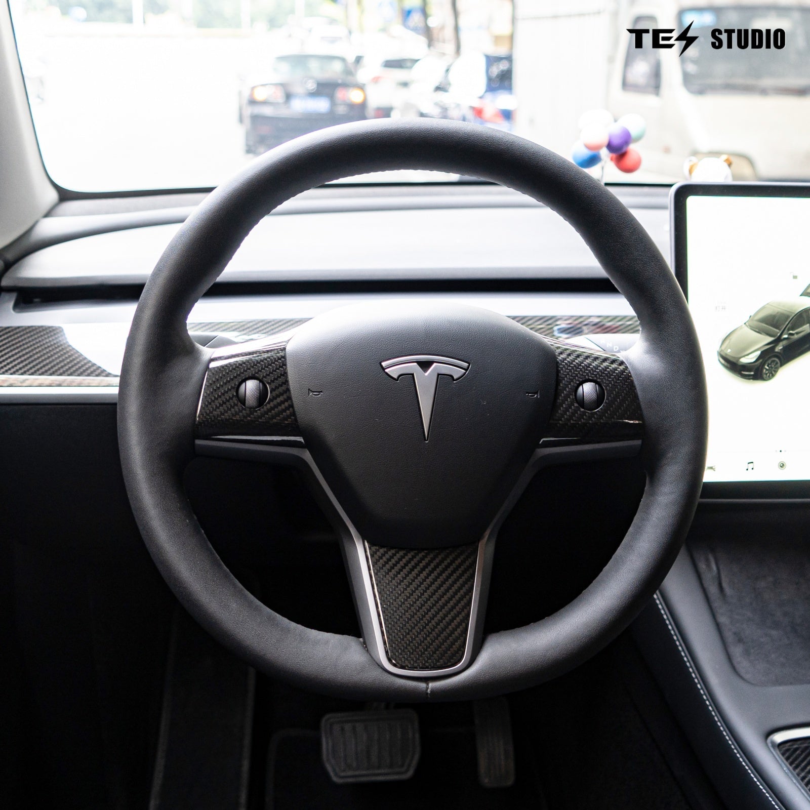 Tesla Model 3/Y Real Carbon Fiber Steering Wheel Decal Model 3/Y Steering Wheel Trim Tesstudio? (3Pcs)