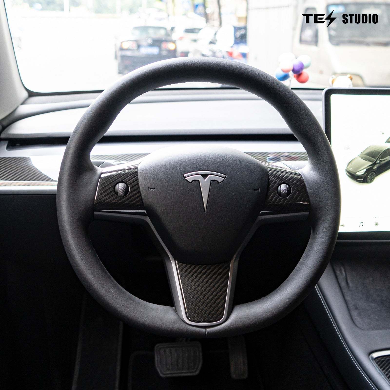Tesla Model 3/Y Real Carbon Fiber Steering Wheel Decal Model 3/Y Steering Wheel Trim Tesstudio? (3Pcs)
