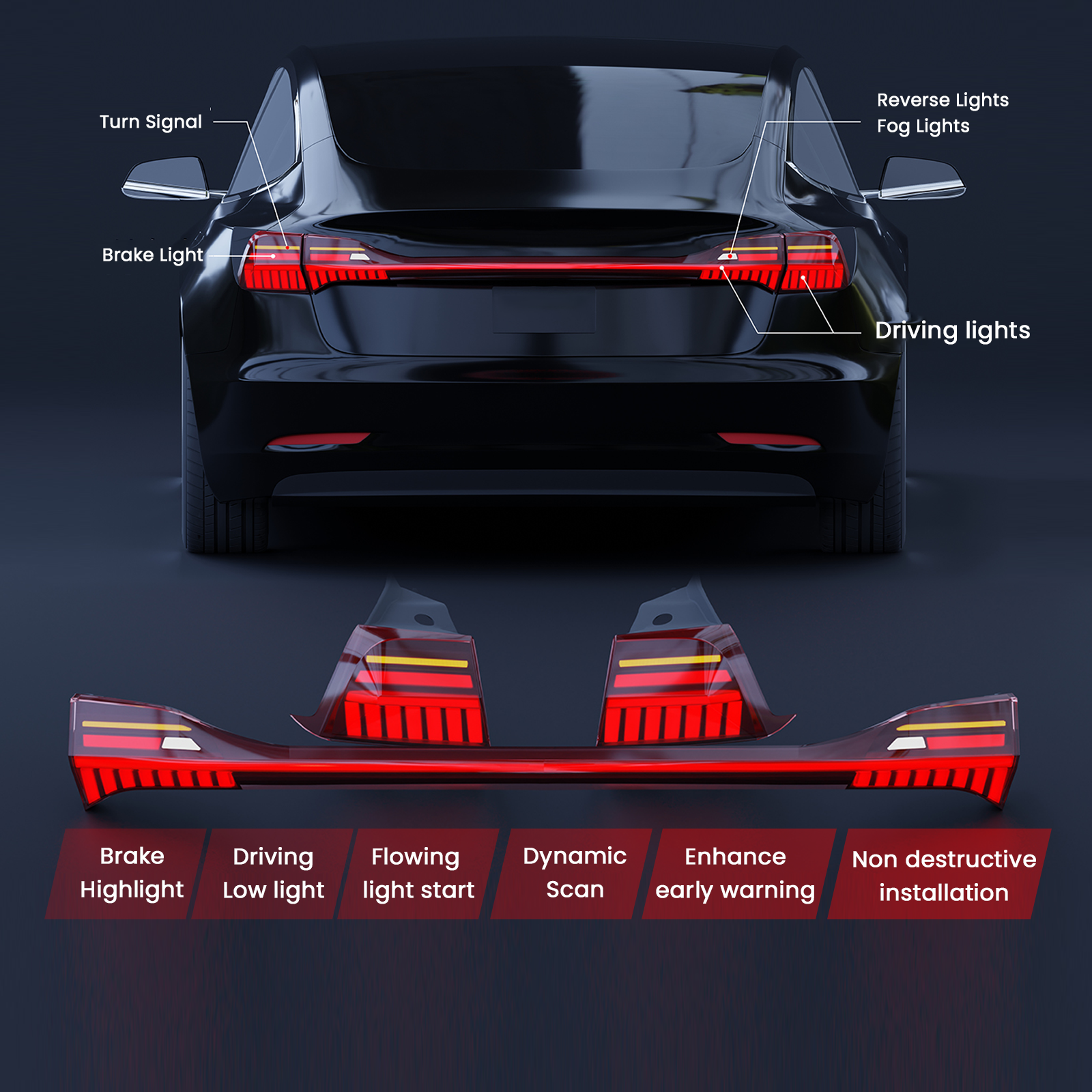 Full Width LED Tail Lights Brake Signal Taillights for Tesla Model Y | Tesstudio®