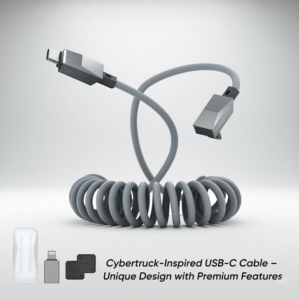 Tesstudio 4ft (1.2m) Spring USB-C Cable for Tesla Model Y/3/X/S, Cybertruck-Style Accessories