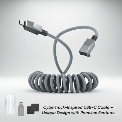 Tesstudio 4ft (1.2m) Spring USB-C Cable for Tesla Model Y/3/X/S, Cybertruck-Style Accessories