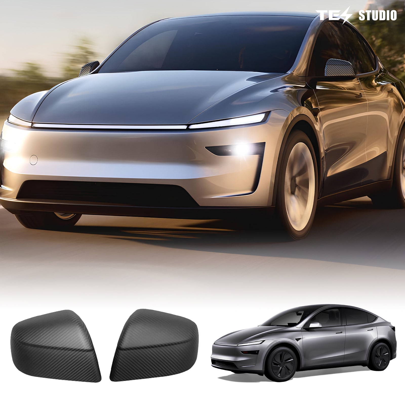 Tesstudio Carbon Fiber Side Mirror Caps for Tesla Model 3/Y & Model Y Juniper
