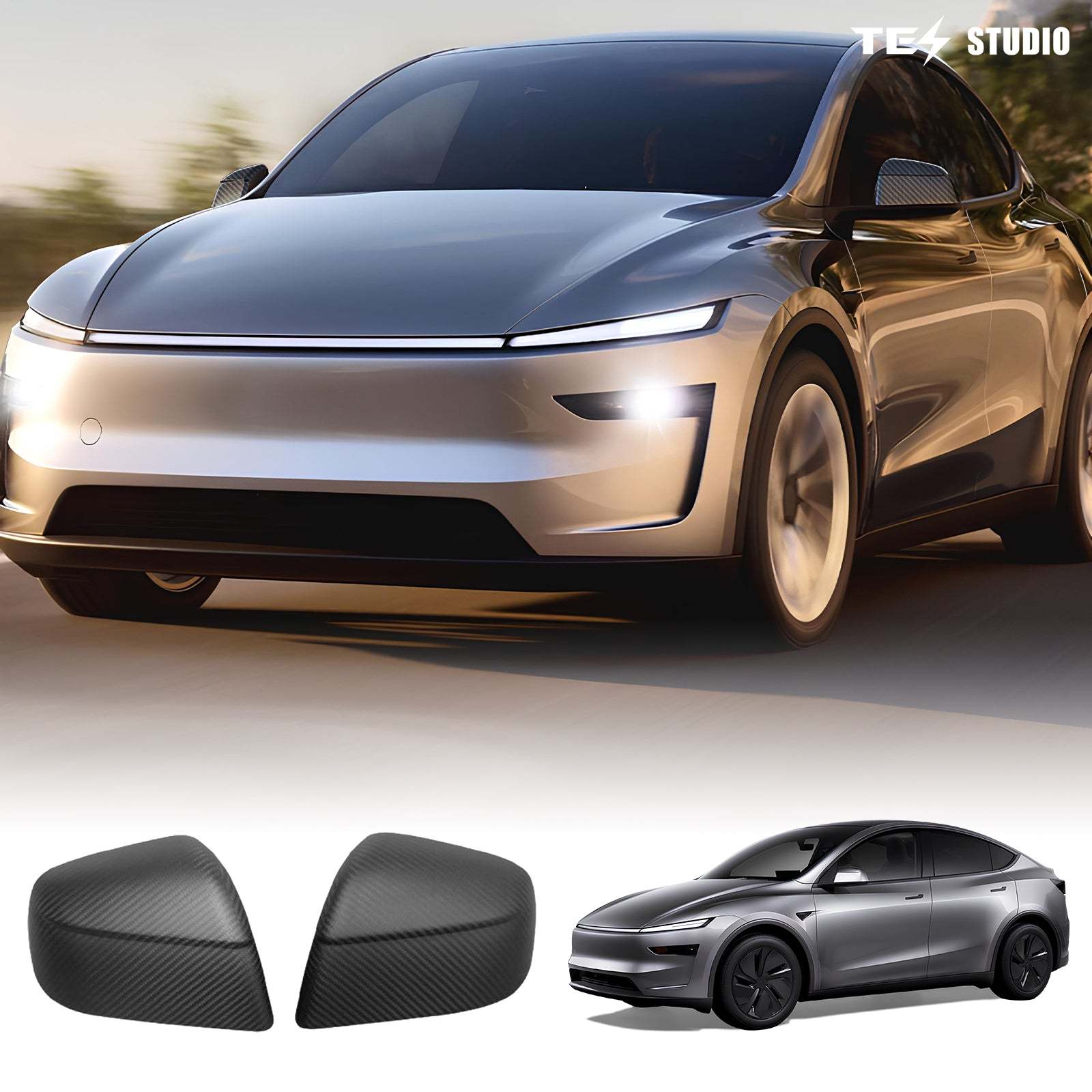 Tesstudio Carbon Fiber Side Mirror Caps for Tesla Model 3/Y & Model Y Juniper