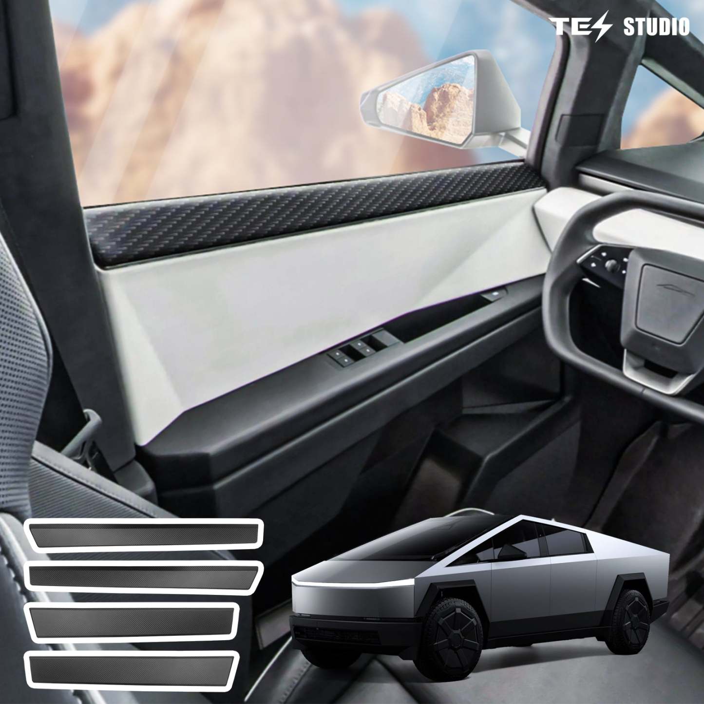Tesstudio [Real Carbon Fiber] Door Panel Covers Premium Front & Rear Upper Overlays For Tesla Cybertruck