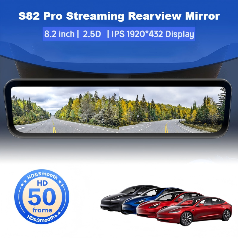 Tesstudio S82 Pro 2/4K HD 8.2Inch Streaming Rearview Mirror For Tesla Model 3/3 Highland/ Y / Y Juniper