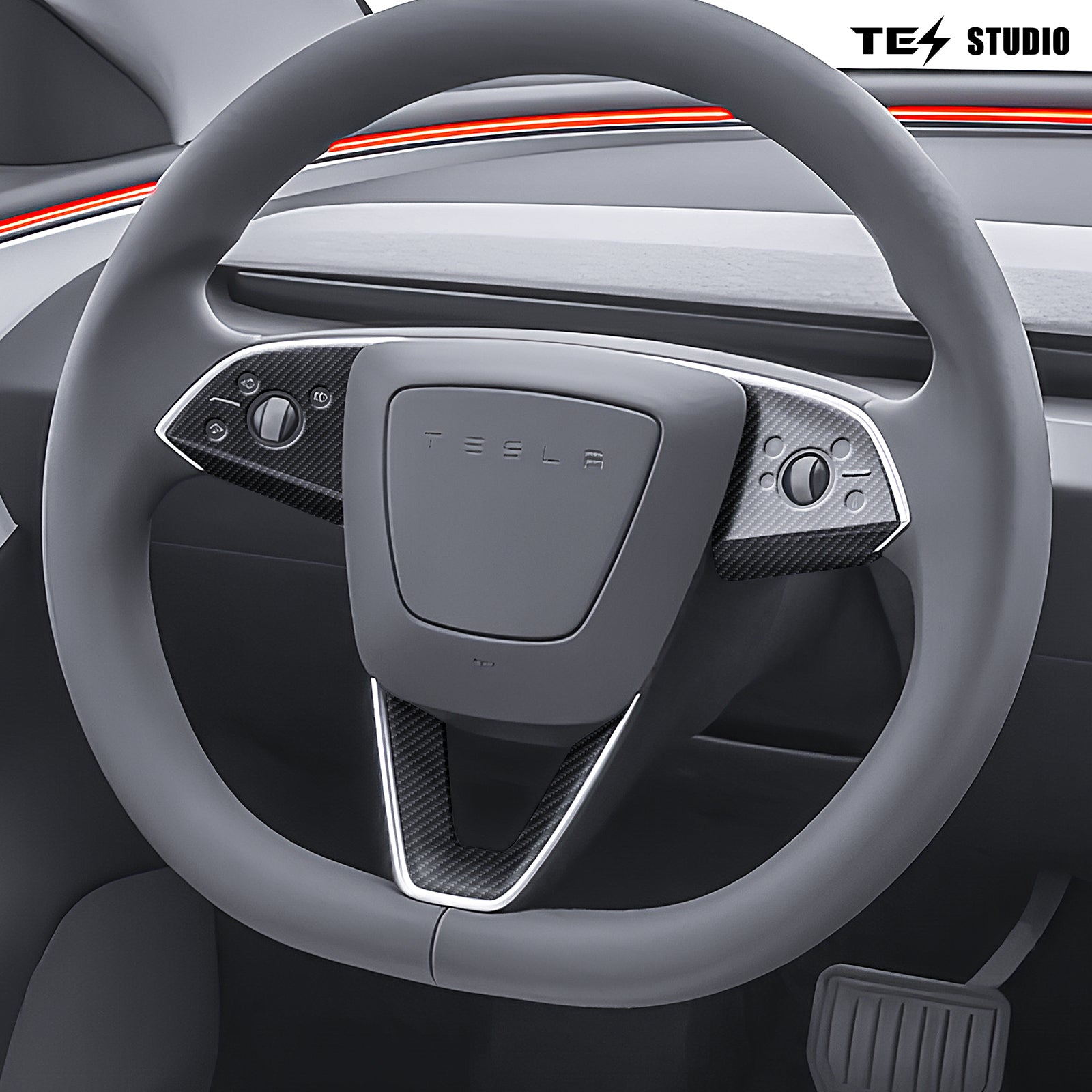 Tesstudio Steering Wheel Trim Cover Real Carbon Fiber Steering Wheel Overlay (3Pcs) For Tesla Model 3 Highland / Y Juniper