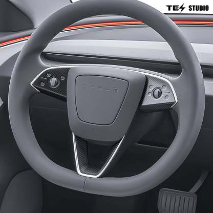 Tesstudio Steering Wheel Trim Cover Real Carbon Fiber Steering Wheel Overlay (3Pcs) For Tesla Model 3 Highland / Y Juniper