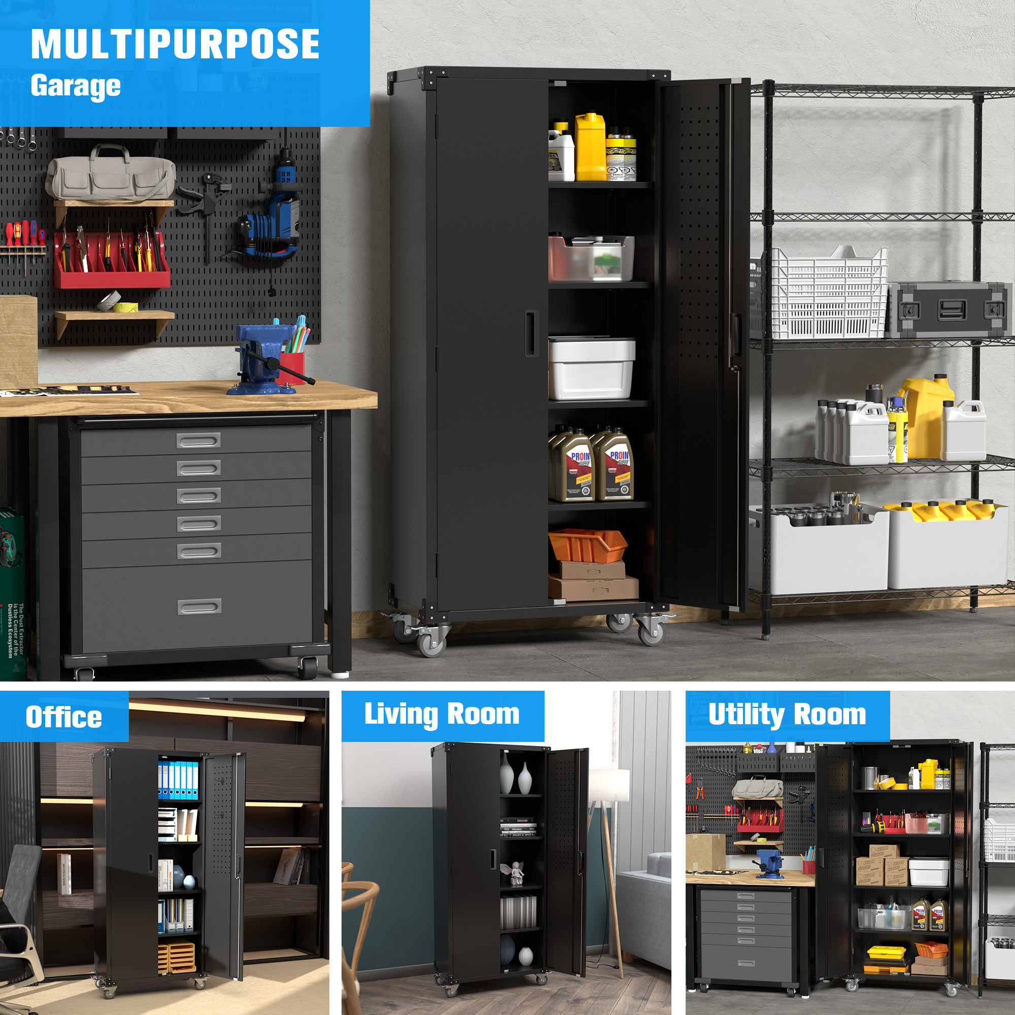 Steel Garage Cabinet Roiling Metal Lockable Storage Cabinet