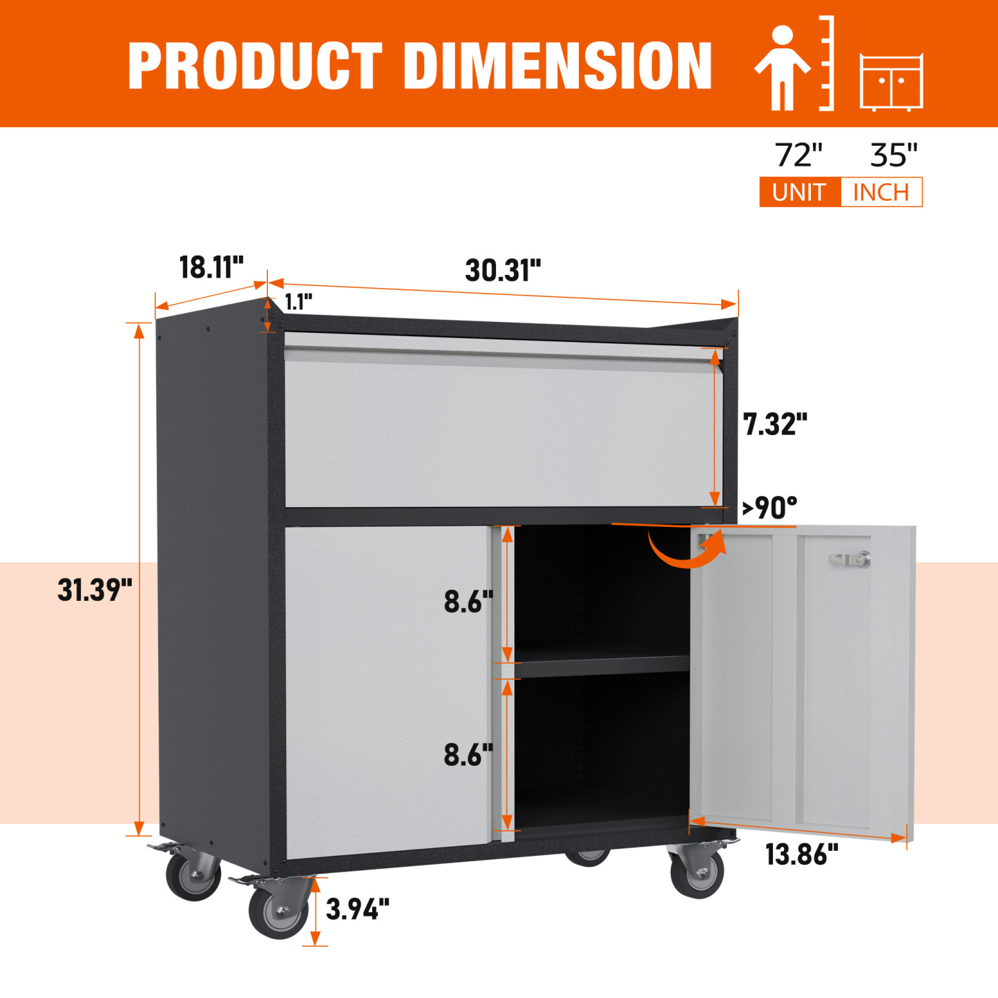 Rolling Metal Storage Cabinet with Adjustable Shelves