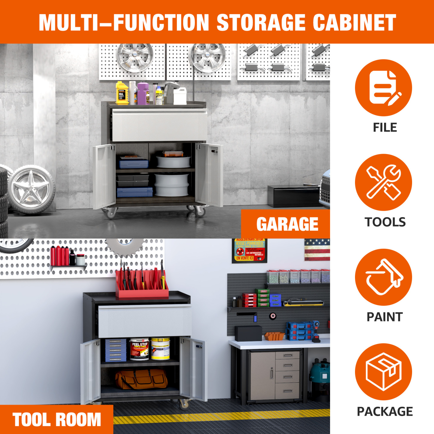 Rolling Metal Storage Cabinet with Adjustable Shelves