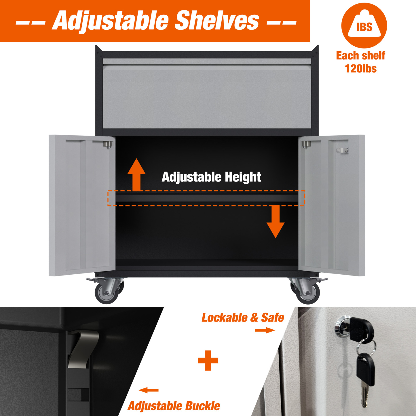 Rolling Metal Storage Cabinet with Adjustable Shelves