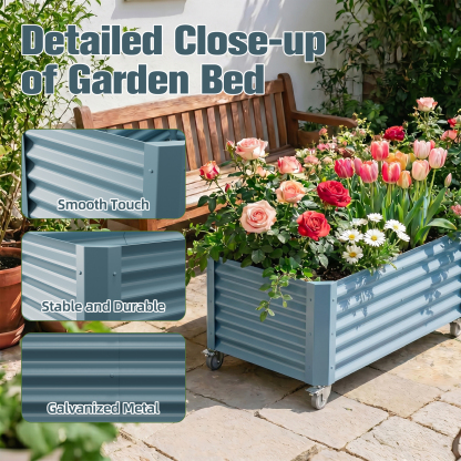 Premium Outdoor Raised Garden Bed Planter Box for Flowers and Herbs – Heavy Duty Metal Planter with Wheeled Base, Ideal for Patio, Balcony & Urban Gardening