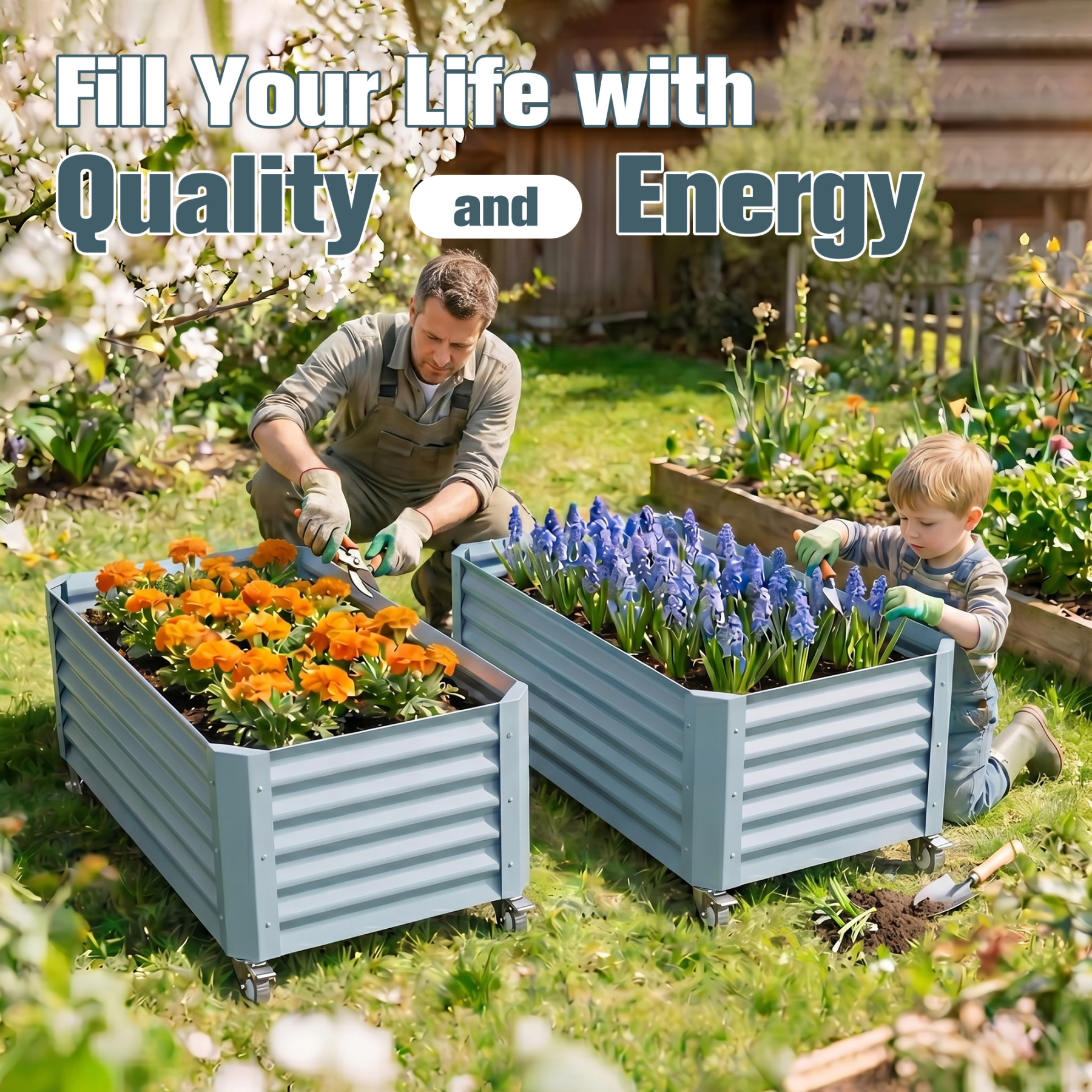 Premium Outdoor Raised Garden Bed Planter Box for Flowers and Herbs – Heavy Duty Metal Planter with Wheeled Base, Ideal for Patio, Balcony & Urban Gardening