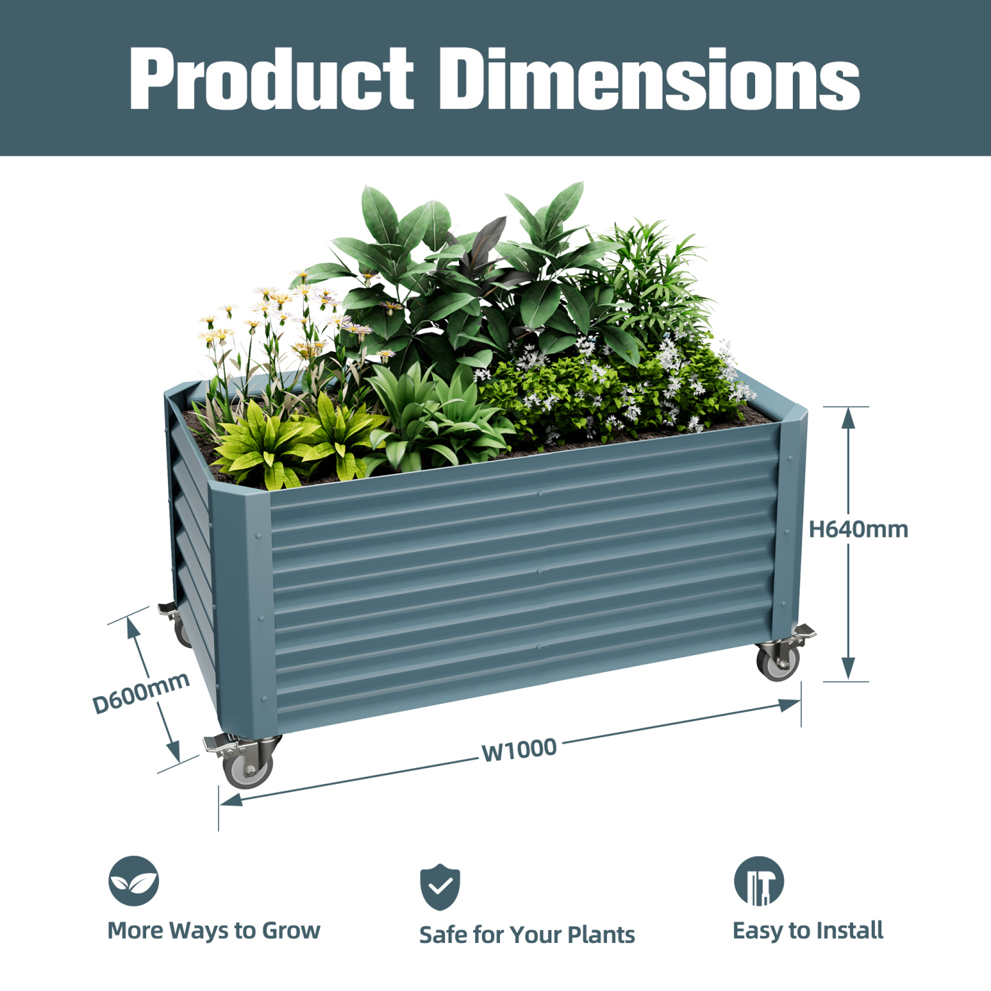 Premium Outdoor Raised Garden Bed Planter Box for Flowers and Herbs – Heavy Duty Metal Planter with Wheeled Base, Ideal for Patio, Balcony & Urban Gardening