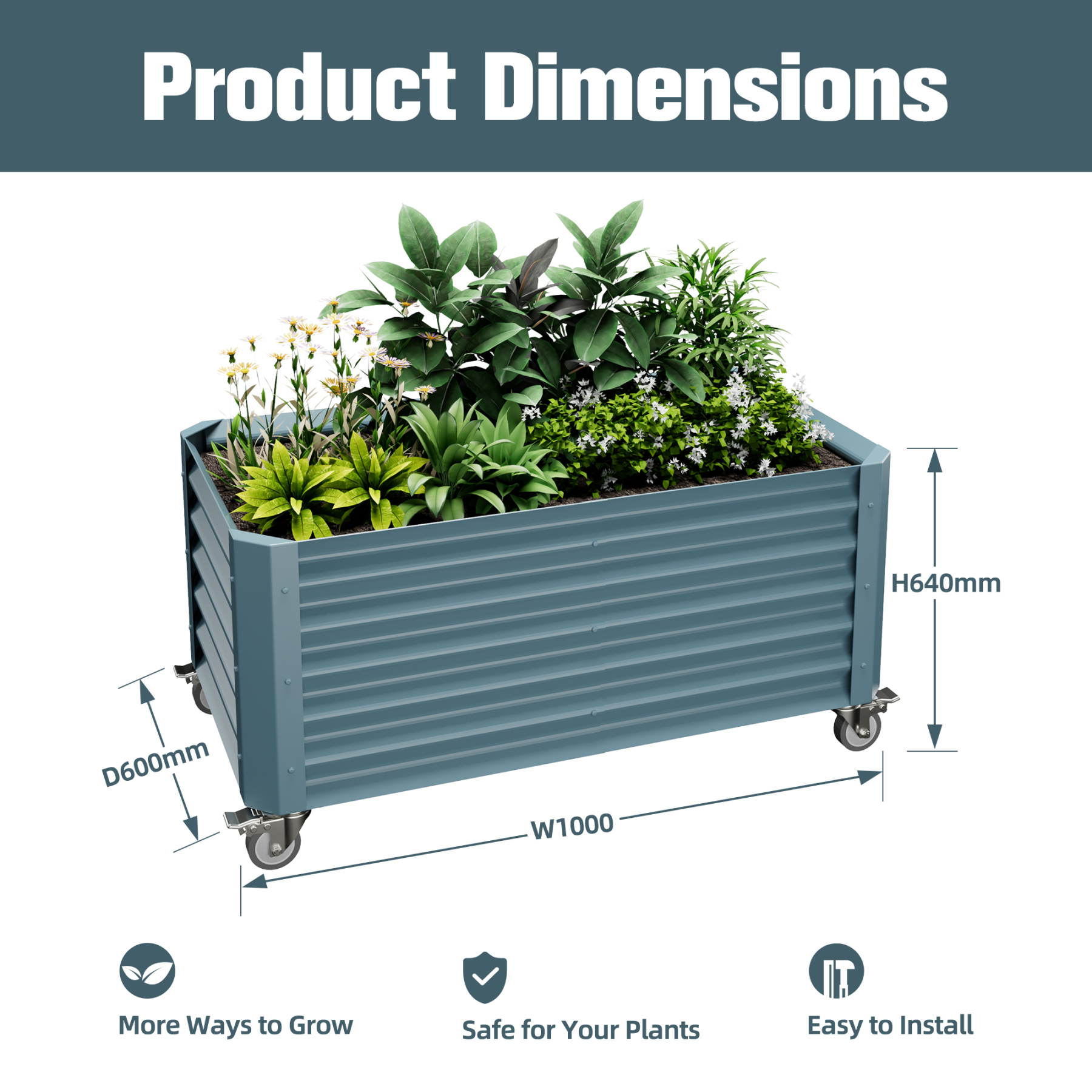 Premium Outdoor Raised Garden Bed Planter Box for Flowers and Herbs – Heavy Duty Metal Planter with Wheeled Base, Ideal for Patio, Balcony & Urban Gardening
