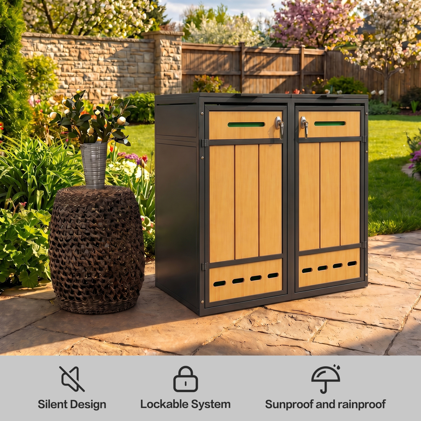 Heavy Duty Metal Trash Can Cabinet Outdoor Waterproof Trash Bin Cabinet for Garden Patio Garbage Bin Storage