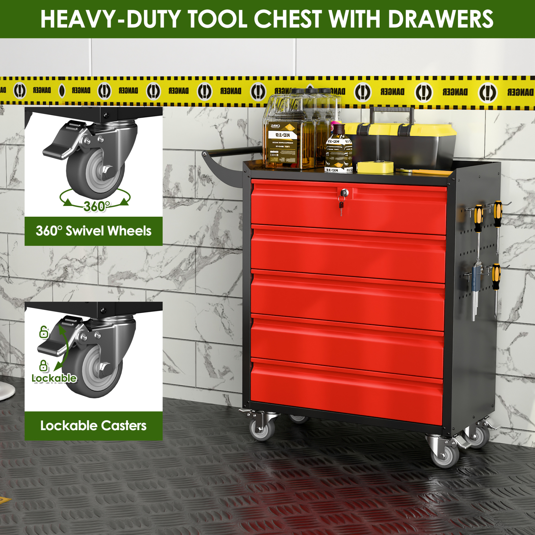5-Drawer Rolling Tool Cart Metal Workshop Cabinet Iron Tool Cabinet