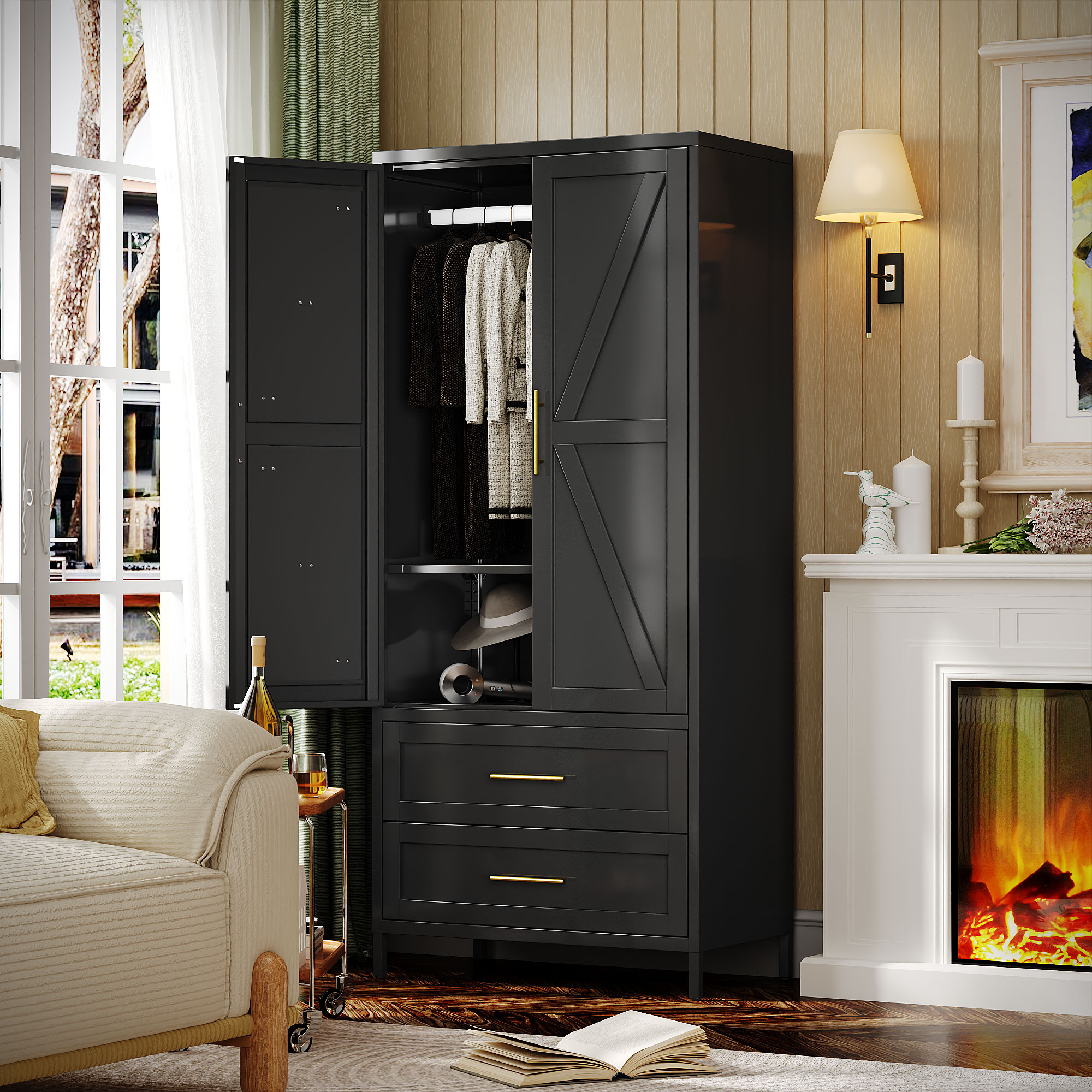 2 Drawers Adjustable Shelves Metal Wardrobe Closet Living Room Cabinets Furniture