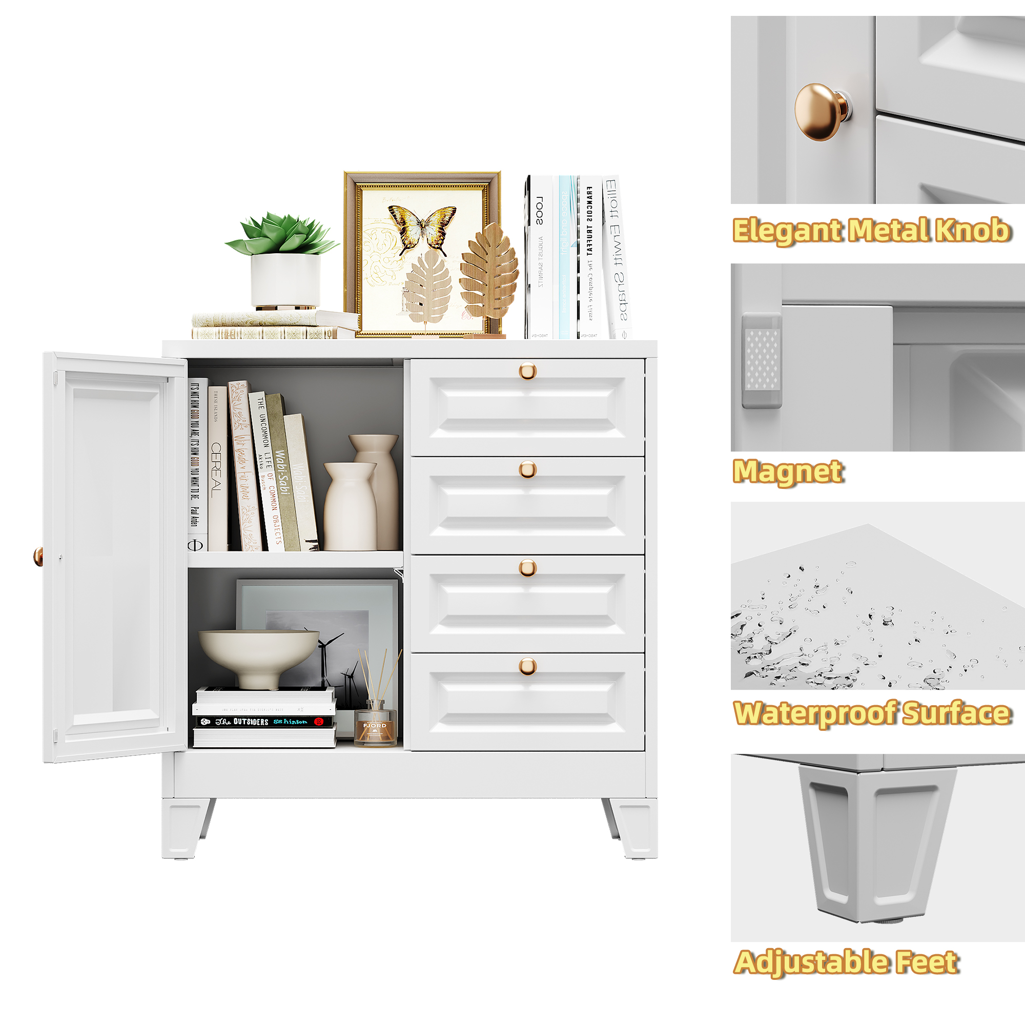 White Steel Bathroom Storage Cabinet with 4 Drawers and Single Door
