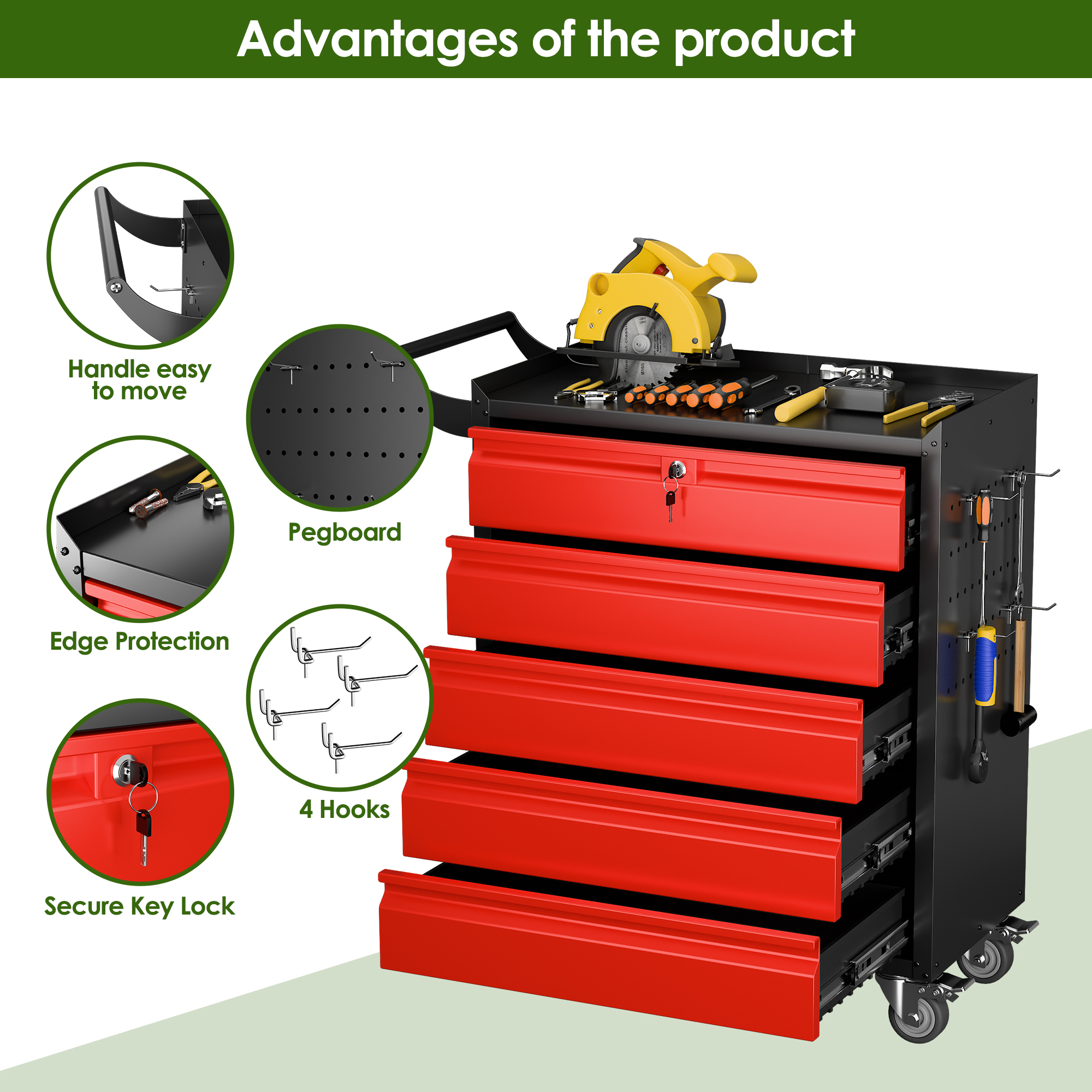 5-Drawer Rolling Tool Cart Metal Workshop Cabinet Iron Tool Cabinet