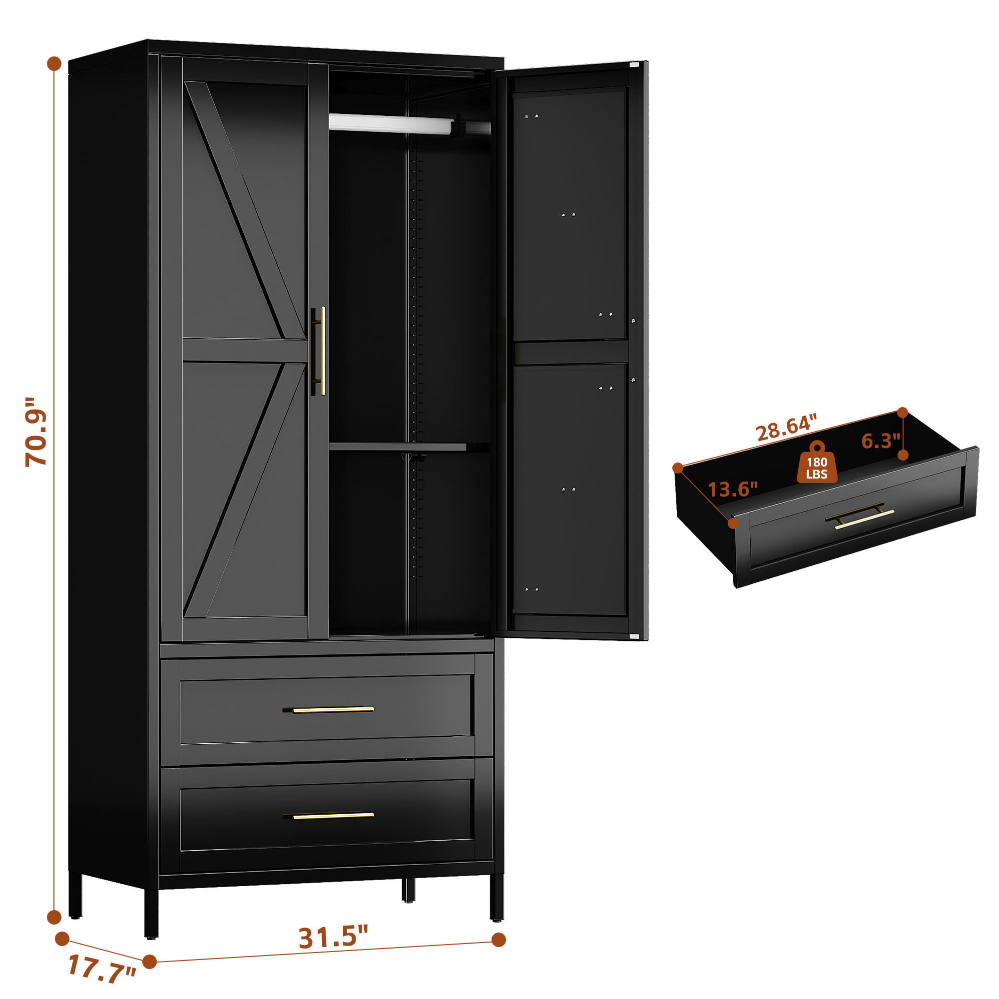 2 Drawers Adjustable Shelves Metal Wardrobe Closet Living Room Cabinets Furniture