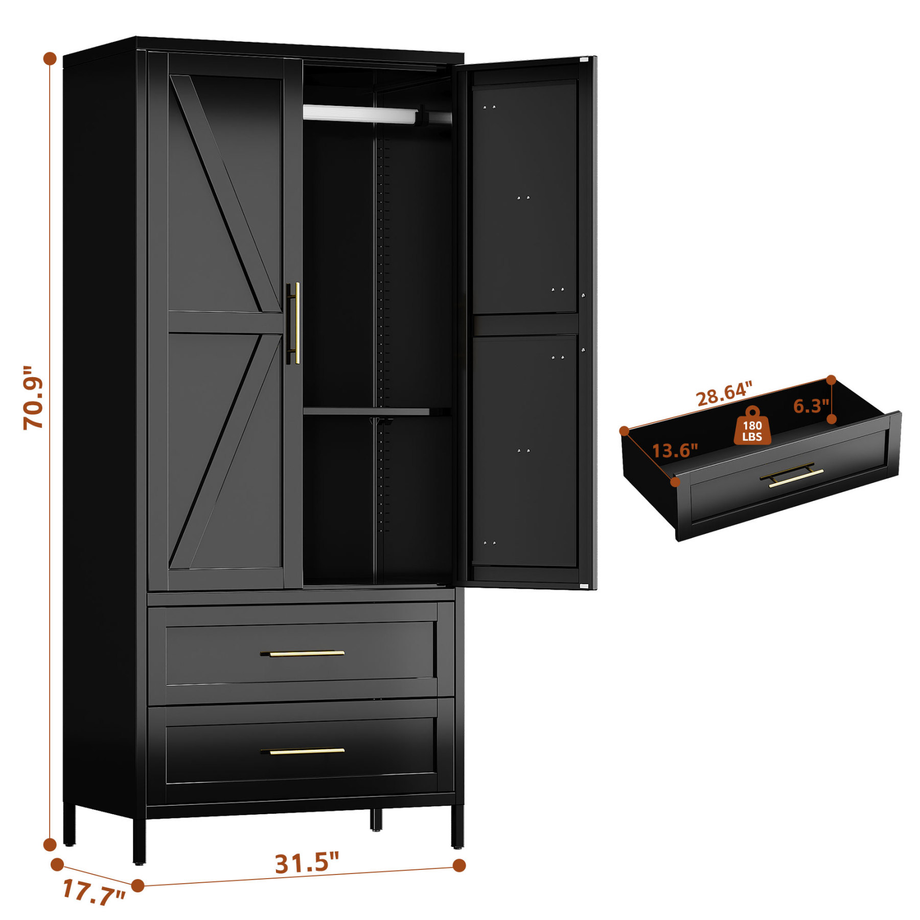 2 Drawers Adjustable Shelves Metal Wardrobe Closet Living Room Cabinets Furniture