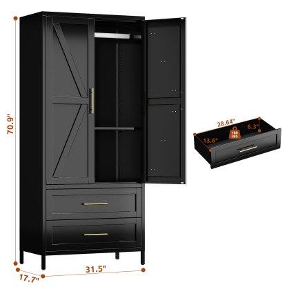 2 Drawers Adjustable Shelves Metal Wardrobe Closet Living Room Cabinets Furniture