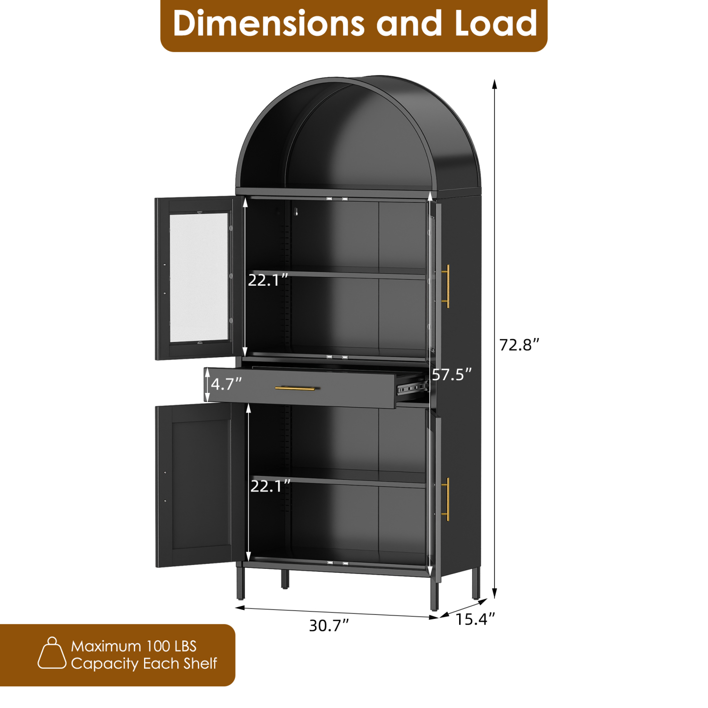 High Arch Storage Cabinet Display Cabinet with Glass Doors