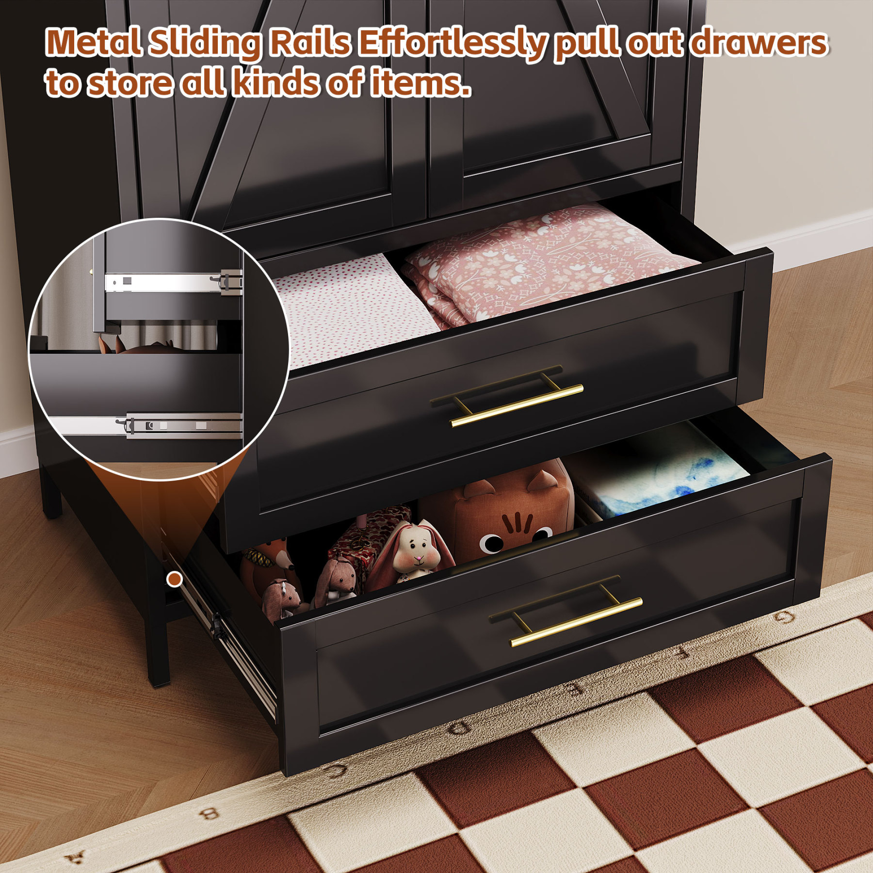 2 Drawers Adjustable Shelves Metal Wardrobe Closet Living Room Cabinets Furniture