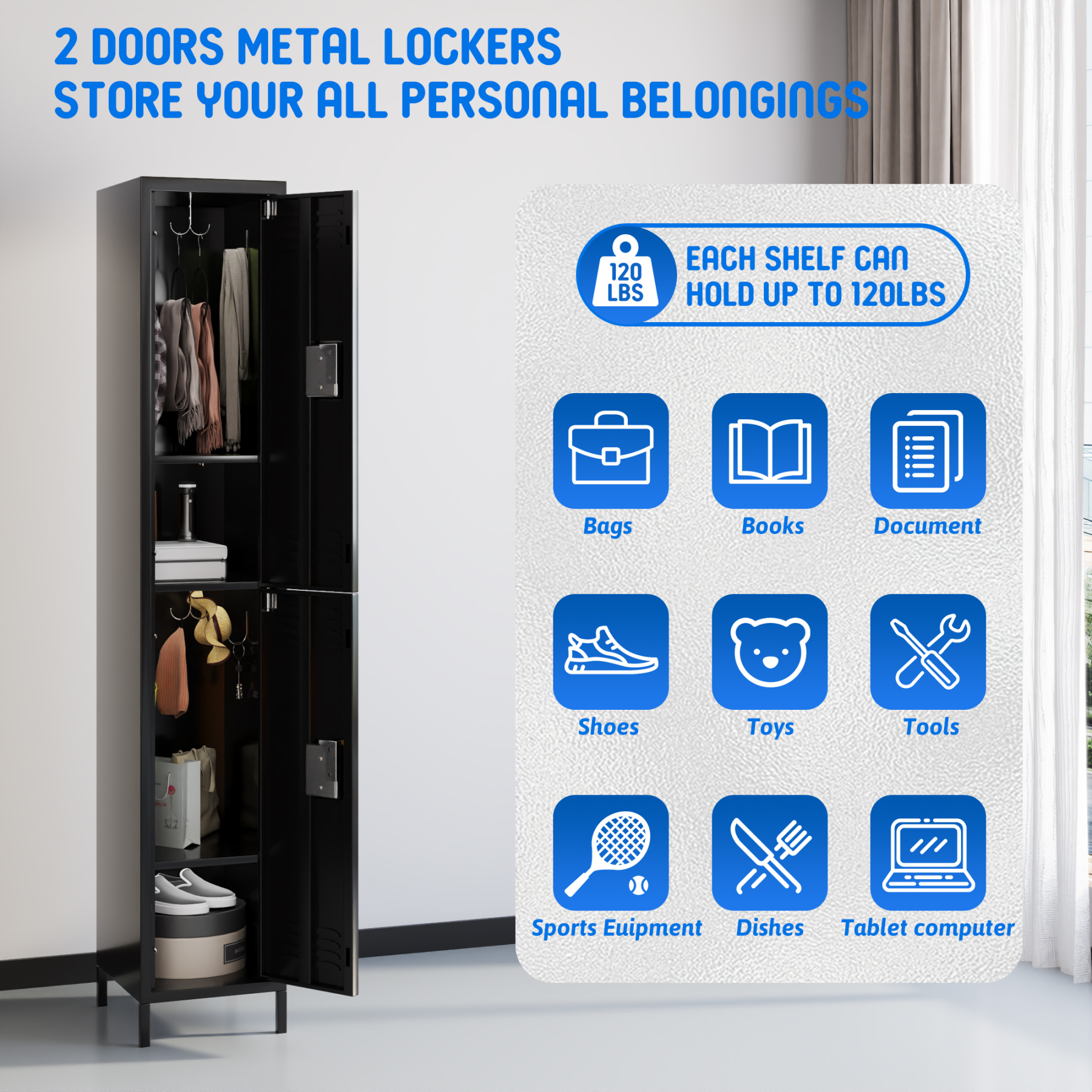 Metal 2 Door Gym Office Storage Wardrobe Steel Locker Garage Lockers Iron Locker