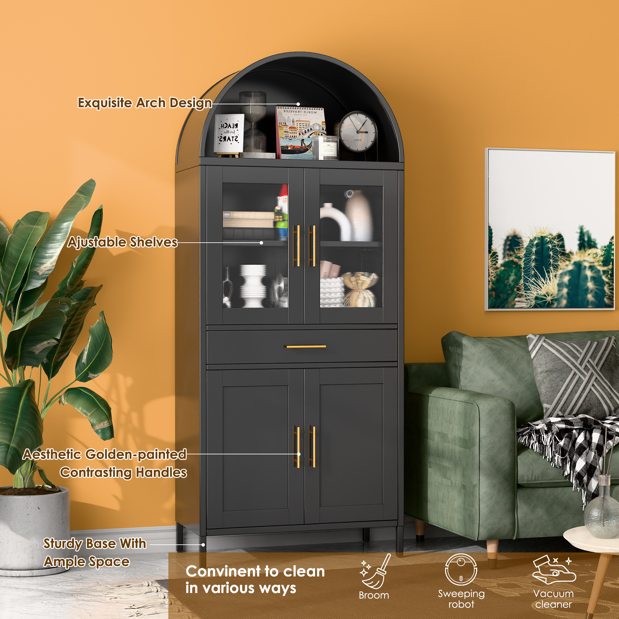 High Arch Storage Cabinet Display Cabinet with Glass Doors