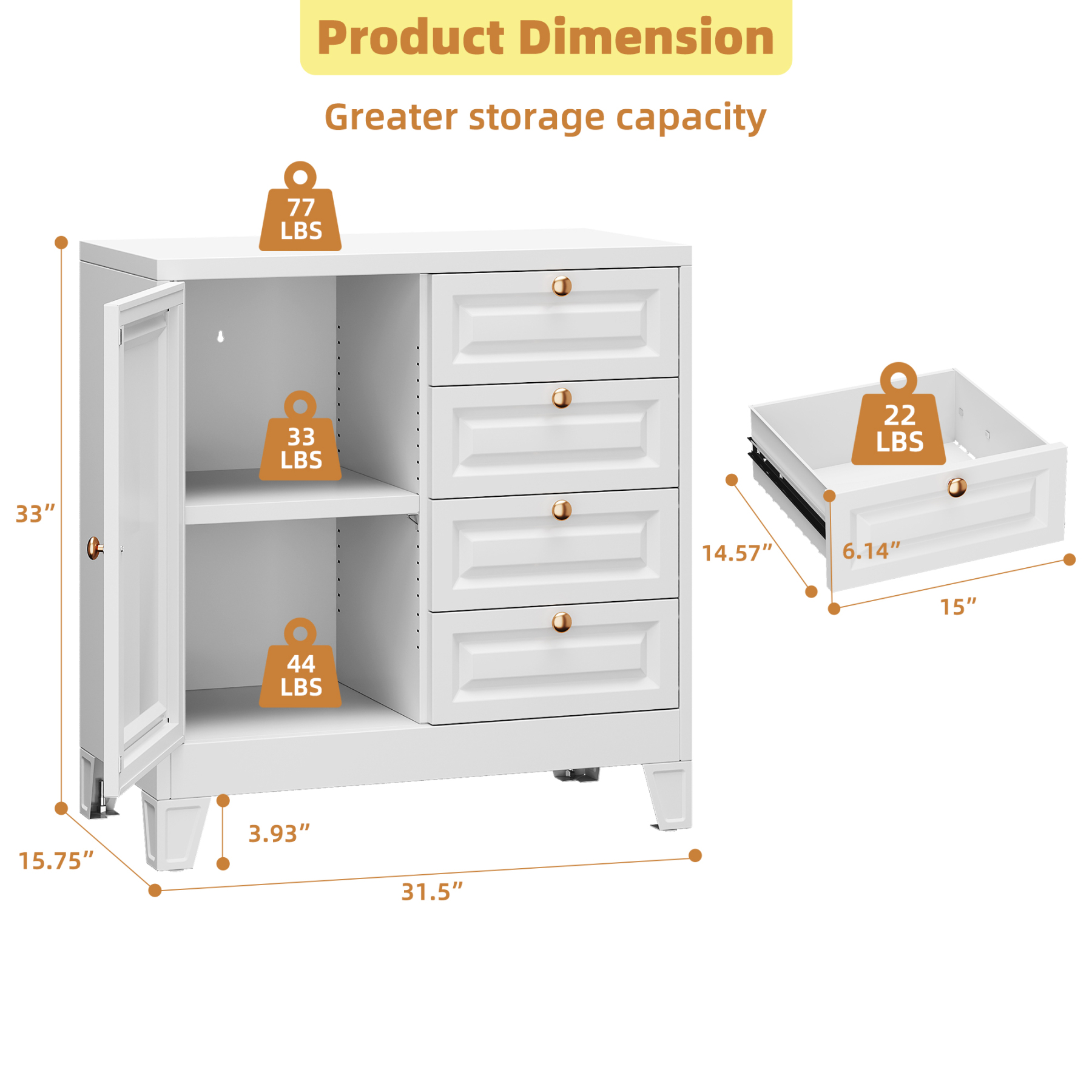White Steel Bathroom Storage Cabinet with 4 Drawers and Single Door