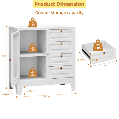 White Steel Bathroom Storage Cabinet with 4 Drawers and Single Door