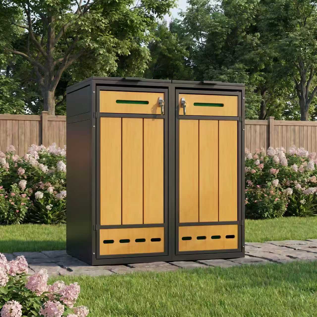 Heavy Duty Metal Trash Can Cabinet Outdoor Waterproof Trash Bin Cabinet for Garden Patio Garbage Bin Storage