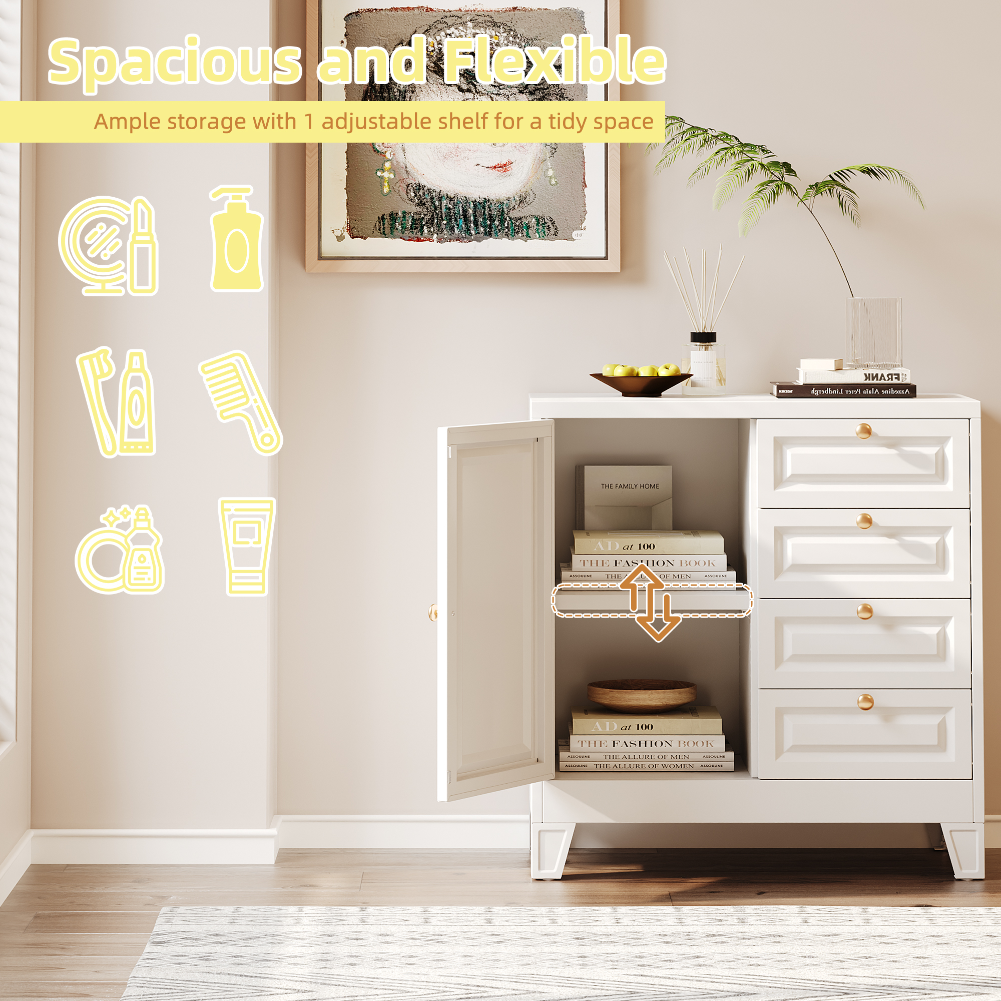 White Steel Bathroom Storage Cabinet with 4 Drawers and Single Door