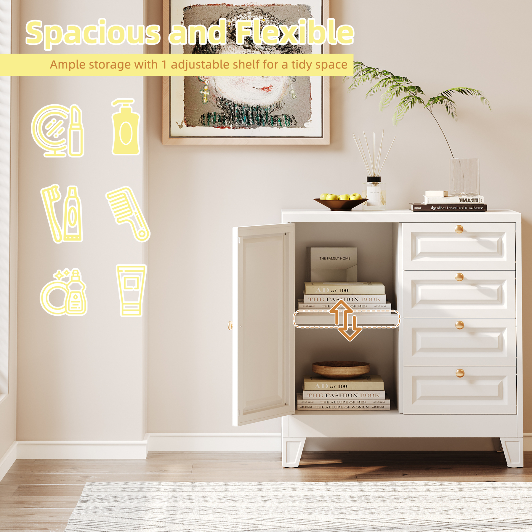 White Steel Bathroom Storage Cabinet with 4 Drawers and Single Door