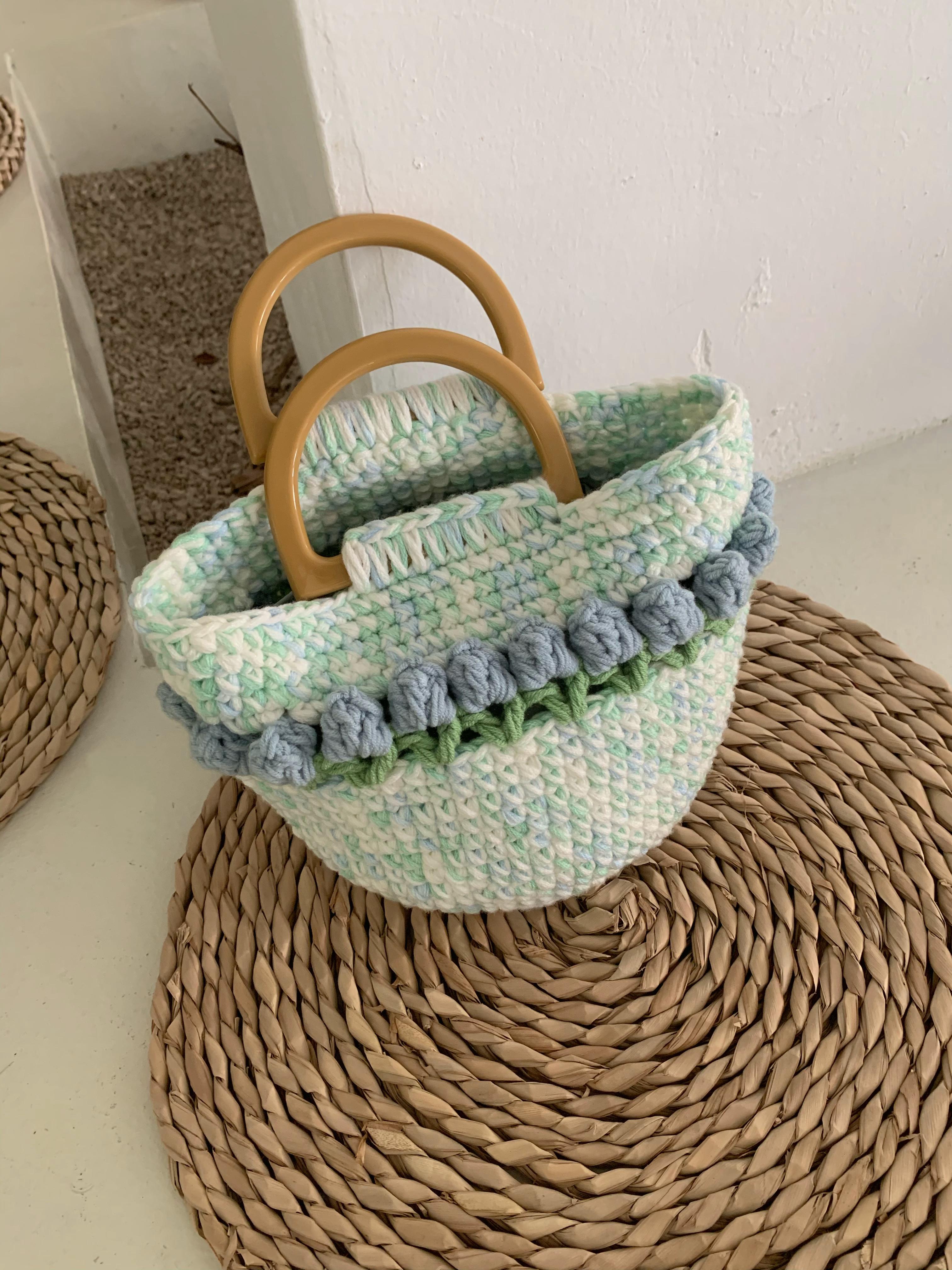 Handmade tulip crochet tote bag wool knitted bag gift Pink Cute handbags blue2
