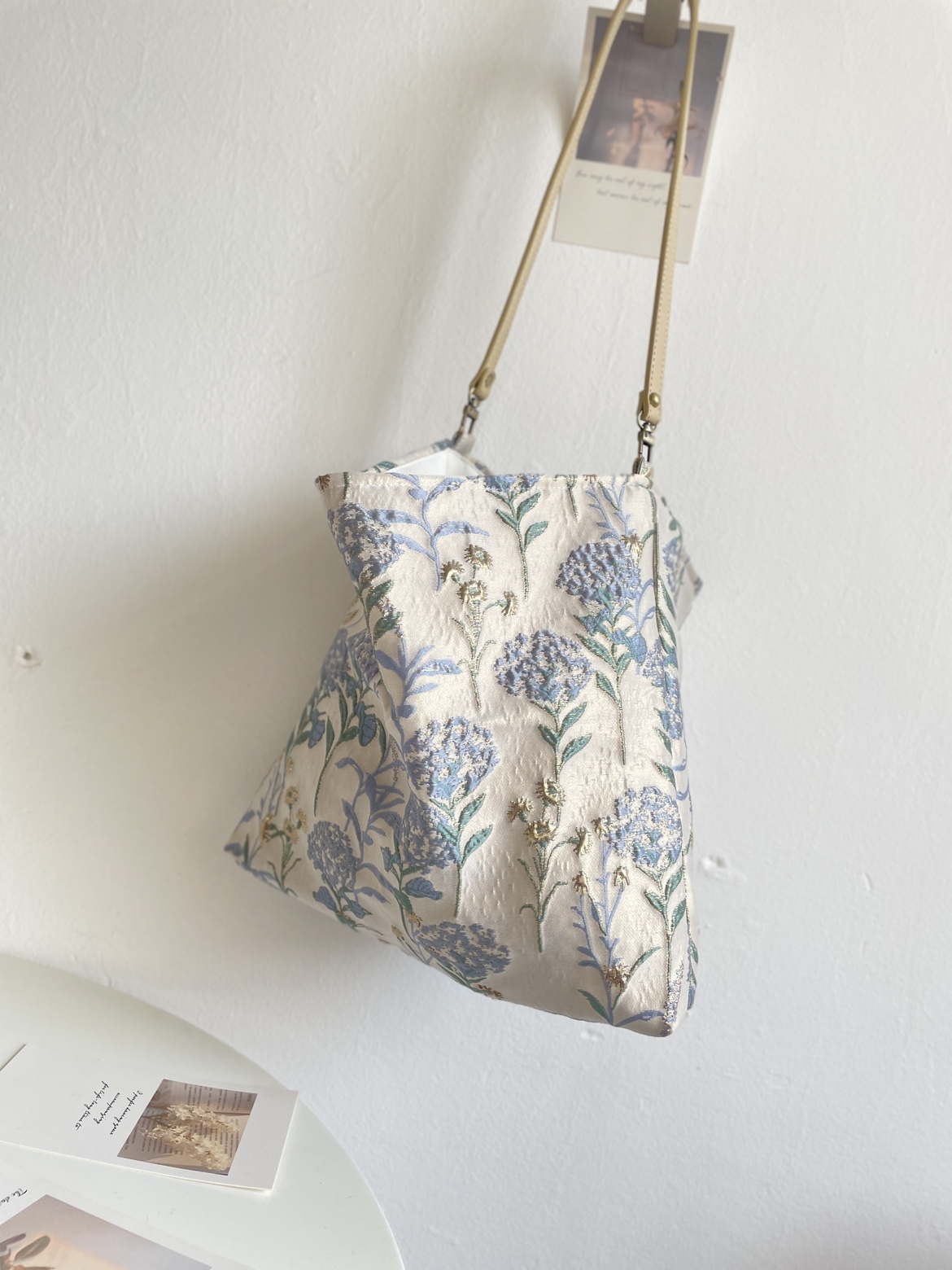 Dandelion shoulder bag women square bag with flowers pattern cloth bag gray blue color