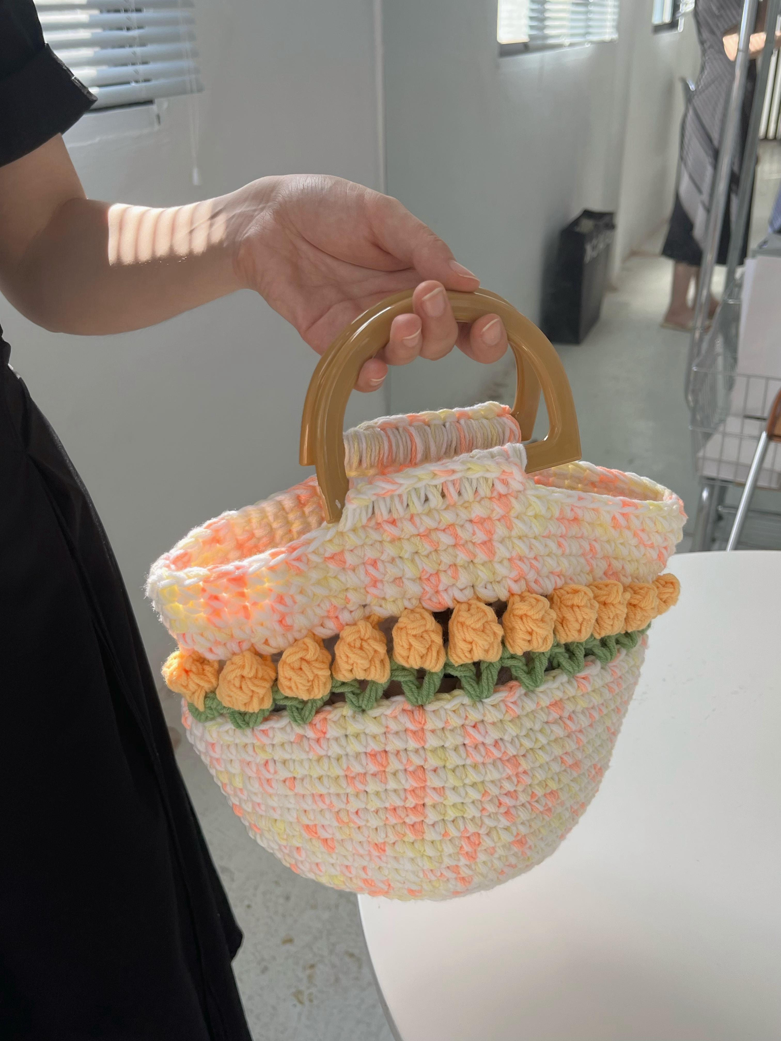Handmade tulip crochet tote bag wool knitted bag gift Pink Cute handbags yellow
