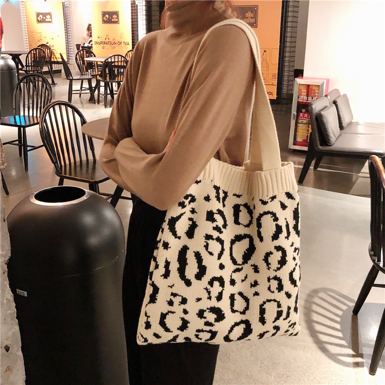 Crochet tote bag Women Casual Vintage Leopard Print