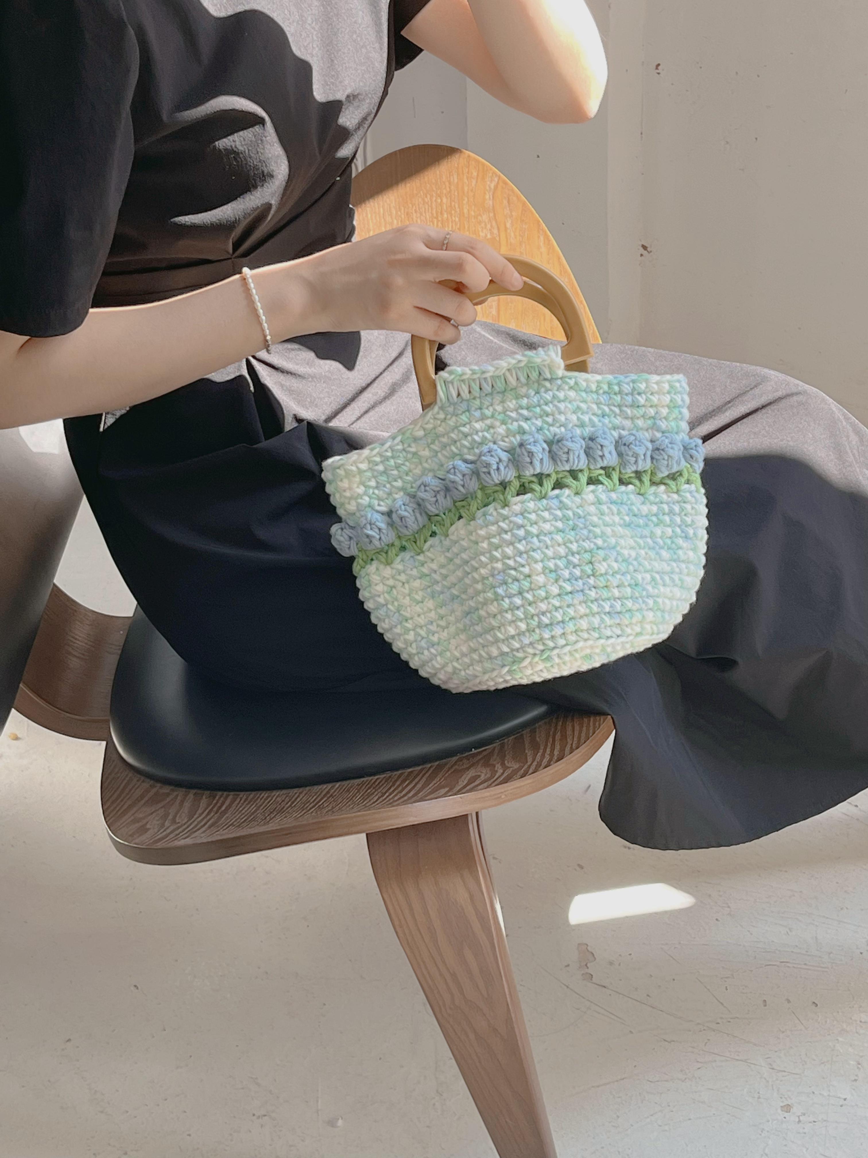 Handmade tulip crochet tote bag wool knitted bag gift Pink Cute handbags blue