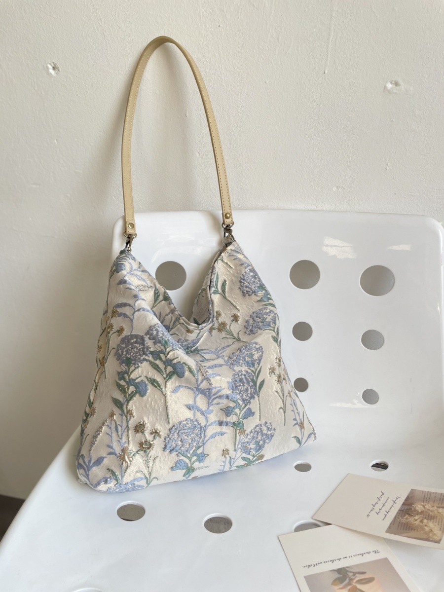 Dandelion shoulder bag women square bag with flowers pattern cloth bag gray blue color