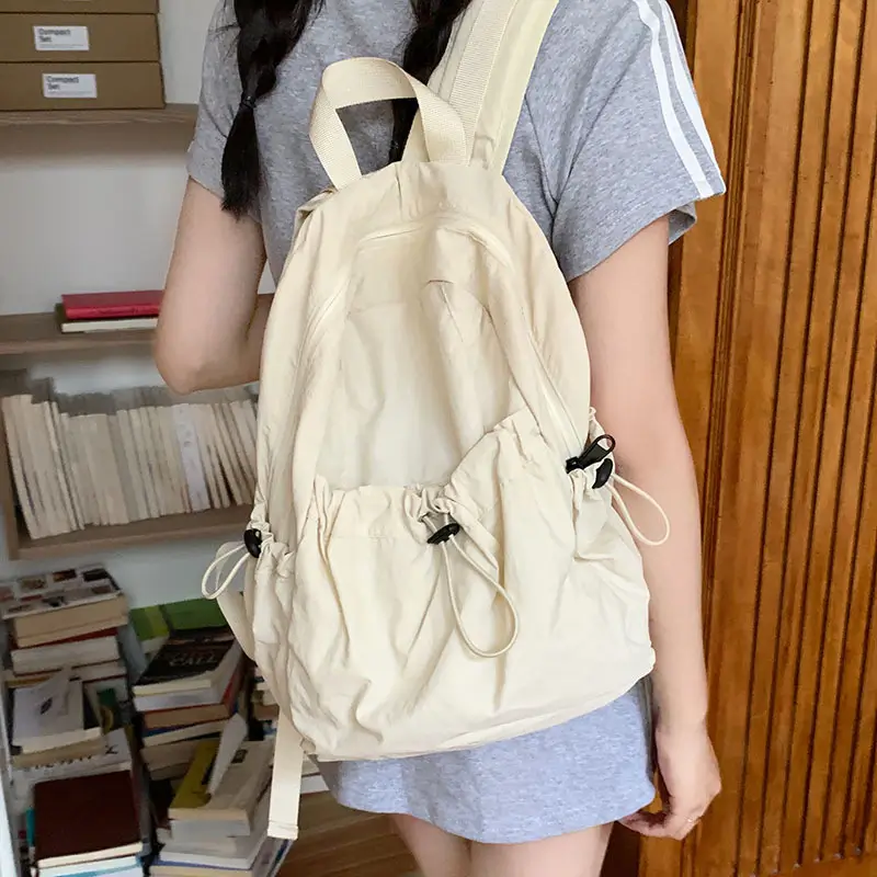 Drawstring Lightweight Travel School Backpacks Solid color Schoolbag Beige
